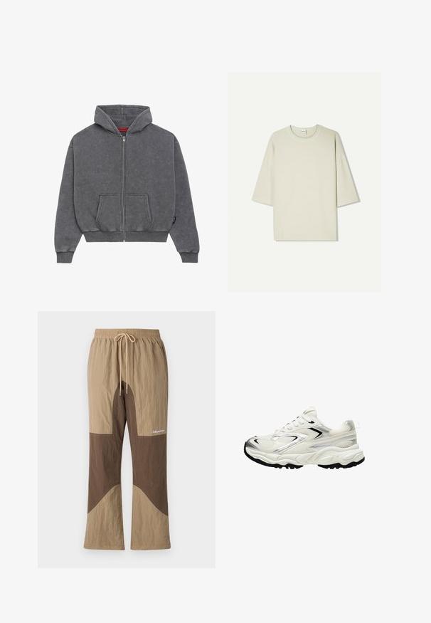 Szary zamek z kapturem wykonany z miękkiego materiału, z kapturem, kieszeniami z przodu, ściągaczami na mankietach i w pasie. Brak wzorów lub zdobień.; Jasno-beżowa, obszerna koszulka z krótkim rękawem, wykonana z mieszanki bawełny; okrągły dekolt z detalami w postaci przeszyć, luźny krój i brak wzorów.; Spodnie w kolorze brązowym i beżowym, z blokowaniem kolorów, z elastycznym pasem, sznurkiem i logo tekstowym. Wykonane z teksturowanej tkaniny, w luźnym kroju.; Białe sneakersy z siateczkową cholewką, srebrnymi akcentami, czarną podeszwą i teksturowanymi panelami. Posiadają sznurowaną konstrukcję oraz zaokrąglony kształt noska.