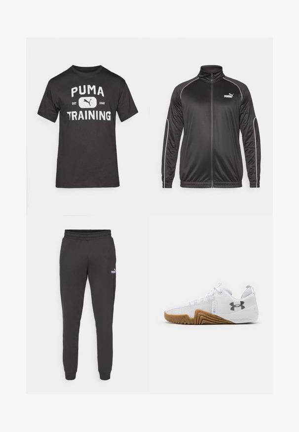 Svart zip-up jakke med høy krage, laget av glatt stoff. Har hvite detaljer langs sømmene og en liten hvit logo på brystet.; Svart bomull T-skjorte med korte ermer, med en stor hvit grafikk som leser "PUMA TRAINING" og Puma-logoen.; Mørkegrå joggebukser med elastisk midjebånd, innsvingte ben og en liten hvit Puma-logo på venstre lår. Mykt bomullsblanding materiale.; Hvite joggesko med mesh-overdel, gummisåle i kamskjellfarge, teksturerte detaljer og en svart logo på siden.