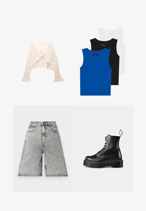 Hæklede cardigan i off-white. Har et cropped design, flared ærmer og en bindefunktion foran med et åbent strikkemønster.; Tre ærmeløse skjorter i blå, sort og hvid. Stoffet er ribbet med en rund halsudskæring. Hver skjorte har et mærke med teksten "even&odd."; Denimshorts i et sort og gråt syrevaske-mønster, med høj talje, bæltestropper og fem lommer. Kanter er færdigbehandlet.; Sorte læder snørebånd ankelstøvler med en kraftig sort sål og gul syning. Har en trækflap bagpå og runde metaløjer.