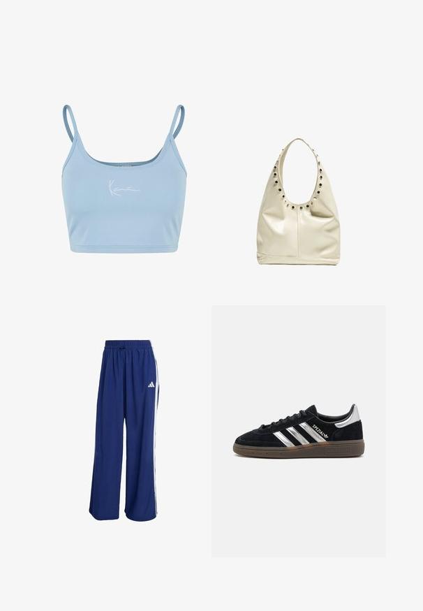 Bílý krátký cardigan s krátkým rukávem vyrobený z texturované látky, s výstřihem do V, předními kapsami a zlatými knoflíky uprostřed.; Světle modrý zkrácený top bez rukávů vyrobený z hladké látky s tenkými ramínky. Na přední straně se nachází bílé vyšívané logo.; Námořnické modré sportovní kalhoty se širokými nohavicemi, elastickým pasem a bílými bočními pruhy. Na horní levé straně se nachází logo Adidas.; Černé semišové tenisky s bílými pruhy, gumovou podešví a lesklým stříbrným akcentem na patě. Mají klasický nízký design.; Krémová kožená hobo taška s rounded ramenním popruhem, vyznačující se kulatými výřezy a stříbrnými akcenty podél horní hrany. Hladký povrch.