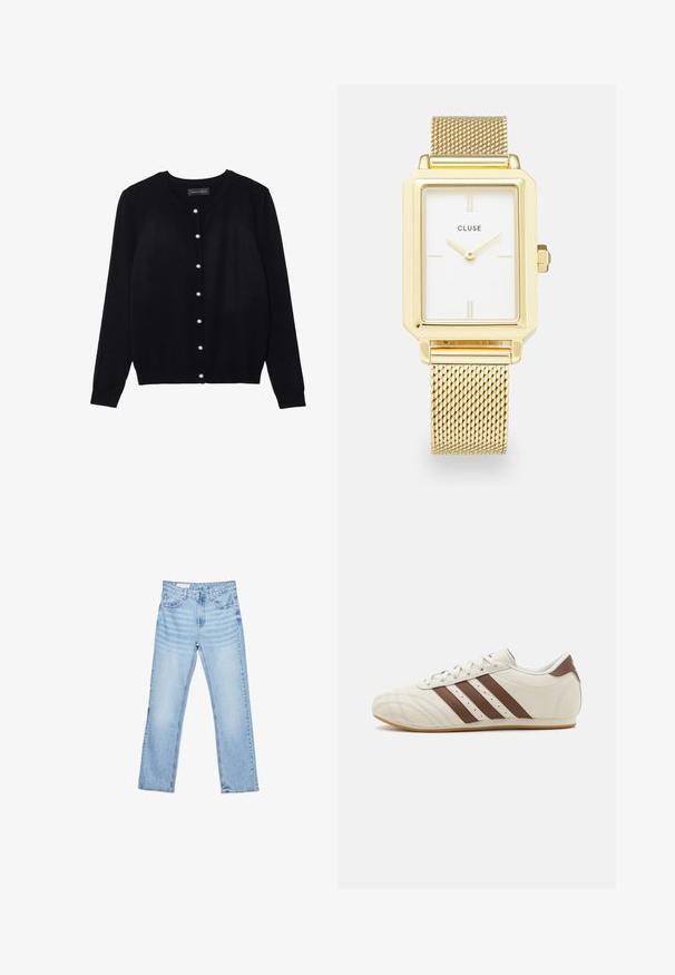 Musta neuletakkia, joka on valmistettu kevyestä kankaasta. Siinä on pyöreä kaula-aukko, pitkät hihat ja kahdeksan valkoista helmiäispainonappia edessä.; Valkoinen tyynyliina, jossa on sileä ja pehmeä pinta, suorakulmainen muoto ja siistit reunat, suunniteltu standardikokoisille tyynyille.; Vaaleansiniset farkut suoran leikkauksen, viiden taskun muotoilun ja näkyvän ompelun kanssa. Keskikorkea vyötärö, jossa on perinteinen nappi- ja vetoketjukiinnitys.; Valkoinen nahkakenkä ruskeilla raidoilla, jossa on pyöreä kärki, rei'itettyjä yksityiskohtia ja kuminauhainen pohja.; Kullanışlı bir yan taç ile zamana ayarlama özelliğine sahip, minimalist saat işaretlerine ve metal örgü bir kayışa sahip beyaz yüzlü altın rectangular saat.