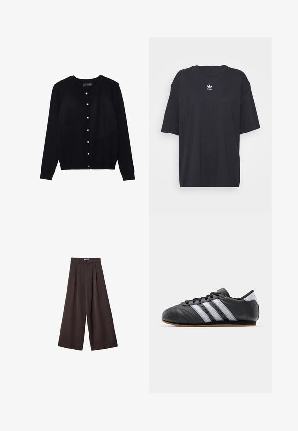 Sort cardigan lavet af letvægtsstof, med rund hals, lange ærmer og otte hvide perleknapper foran.; Sort bomulds t-shirt med korte ærmer, rund halsudskæring, med et hvidt Adidas-logo på brystet. Enkel design, afslappet pasform.; Sorte vidde bukser med høj talje, med frontfolder og knaplukning i taljen, lavet af glat stof.; Sorte lædersportssko med hvide striber, rund tå, flad sål og snørelukning. Har perforeringer for åndbarhed.