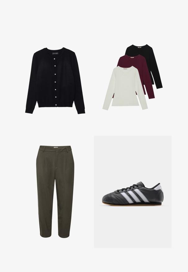 Must must kardigan, mis on valmistatud kergest kangast, ümara kaelusega, pikkade varrukatega ja kaheksa valge pärli nööbiga, mis sulgevad esiosa.; Pikad varrukad T-särgid valges, burgundis ja mustas. Valmistatud pehmest kangast, ümmarguse kaelusega ja keha lähedase kujundusega. Sobivad kihiliseks kandmiseks.; Tumedat rohelised, kohandatud püksid voldikute ja istuva vöökohtaga, millel on lühendatud pikkus. Valmistatud siledast kangast, millel on peen sära.; Must must harjukets, millel on valged triibud, ümmargune varvas, lame tall ja shoelace sulgemine. Omab perforatsioone hingavuse tagamiseks.