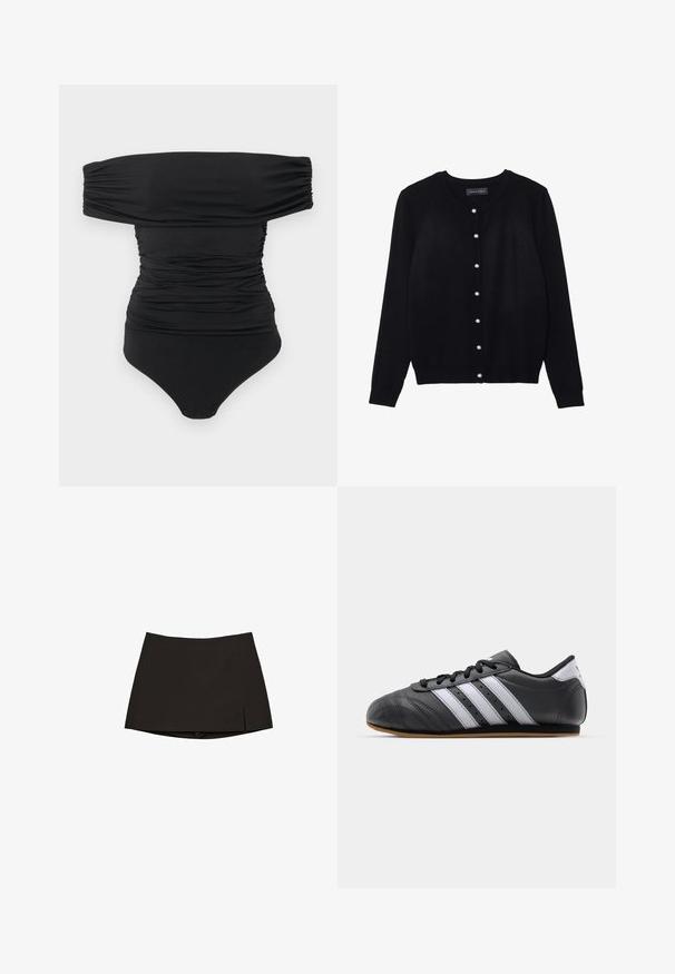 Sort cardigan lavet af letvægtsstof, med rund hals, lange ærmer og otte hvide perleknapper foran.; Sort off-shoulder ruched bodysuit med trykknapper i skridtet, lagt fladt på en hvid baggrund.; Sort mini nederdel med lige snit og let slids i siden. Fremstillet af glat stof, med en ren kant og minimalistisk design.; Sorte lædersportssko med hvide striber, rund tå, flad sål og snørelukning. Har perforeringer for åndbarhed.