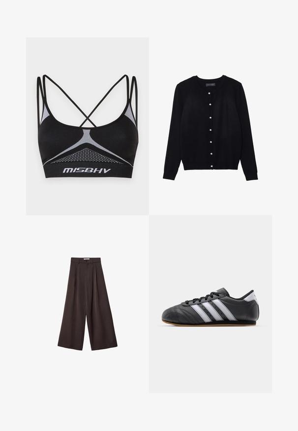 Čierny kardigán vyrobený z ľahkej tkaniny, s okrúhlym výstrihom, dlhými rukávmi a ôsmymi bielymi perlovými gombíkmi po celej prednej strane.; Čierny športový podprsenka s prekríženými ramienkami, obsahujúca textúrovaný sieťový panel a biele akcentové línie. Logo zobrazené na páse.; Čierne široké nohavice s vysokým pásom, so záhybmi vpredu a zapínaním na gombík v páse, vyrobené z hladkého materiálu.; Čierne kožené športové topánky s bielymi pruhmi, okrúly špička, plochá podrážka a šnurovanie. Obsahujú perforácie pre lepšiu priedušnosť.