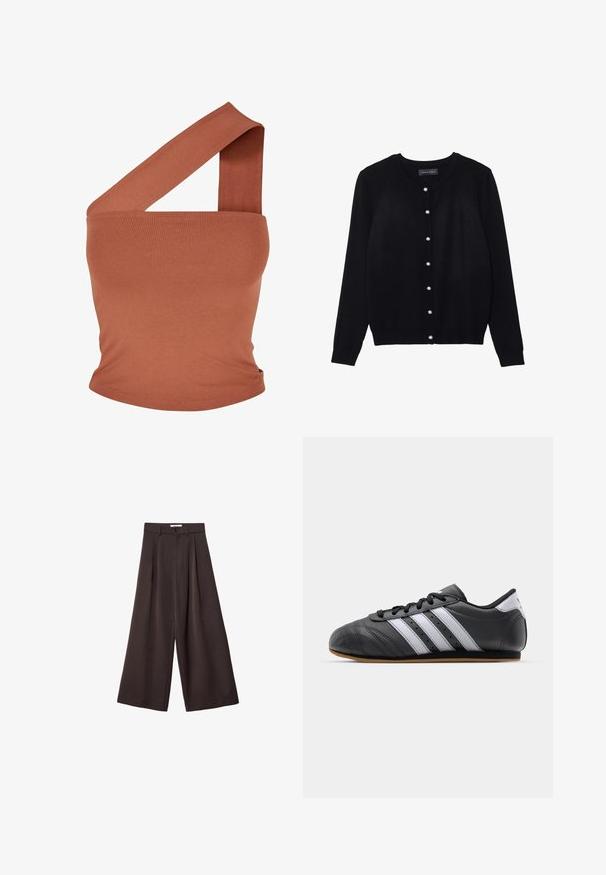 Crni kardigan od lagane tkanine, s okruglim izrezom, dugim rukavima i osam bijelih bisernih dugmadi duž prednje strane.; Asimetrična bluzica s jednim ramenom od rastezljivog materijala u rust boji. Prilagođen kroj s širokom naramenicom i glatkom teksturom. Bez uzoraka ili akcenta.; Crne široke hlače s visokim strukom, s prednjim plisiranjima i kopčanjem na dugme u struku, izrađene od glatkog materijala.; Crne kožne sportske cipele s bijelim prugama, okrugli vrh, ravni đon i vezanje na vezice. Sadrži perforacije za prozračnost.