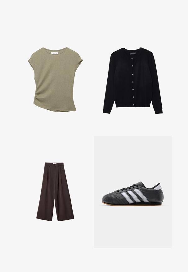 Crni kardigan od lagane tkanine, s okruglim izrezom, dugim rukavima i osam bijelih bisernih dugmadi duž prednje strane.; Maslinasto zelena majica kratkih rukava s teksturiranim rebrastim materijalom. Ima nabranu detalj sa strane i blago zakrivljen rub.; Crne široke hlače s visokim strukom, s prednjim plisiranjima i kopčanjem na dugme u struku, izrađene od glatkog materijala.; Crne kožne sportske cipele s bijelim prugama, okrugli vrh, ravni đon i vezanje na vezice. Sadrži perforacije za prozračnost.