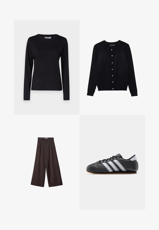 Schwarze Strickjacke aus leichtem Stoff, mit Rundhalsausschnitt, langen Ärmeln und acht weißen Perlenknöpfen entlang der Vorderseite.; Langärmliges, rundhalsiges schwarzes T-Shirt aus weicher Baumwolle, mit einem schlichten Design, minimalen Nähten und ohne sichtbare Grafiken.; Schwarze, weit geschnittene Hose mit hoher Taille, ausgestattet mit vorderen Falten und einem Knopfverschluss an der Taille, aus glattem Stoff gefertigt.; Schwarzer Sportschuh aus Leder mit weißen Streifen, runder Spitze, flacher Sohle und Schnürverschluss. Besitzt Perforationen für Atmungsaktivität.