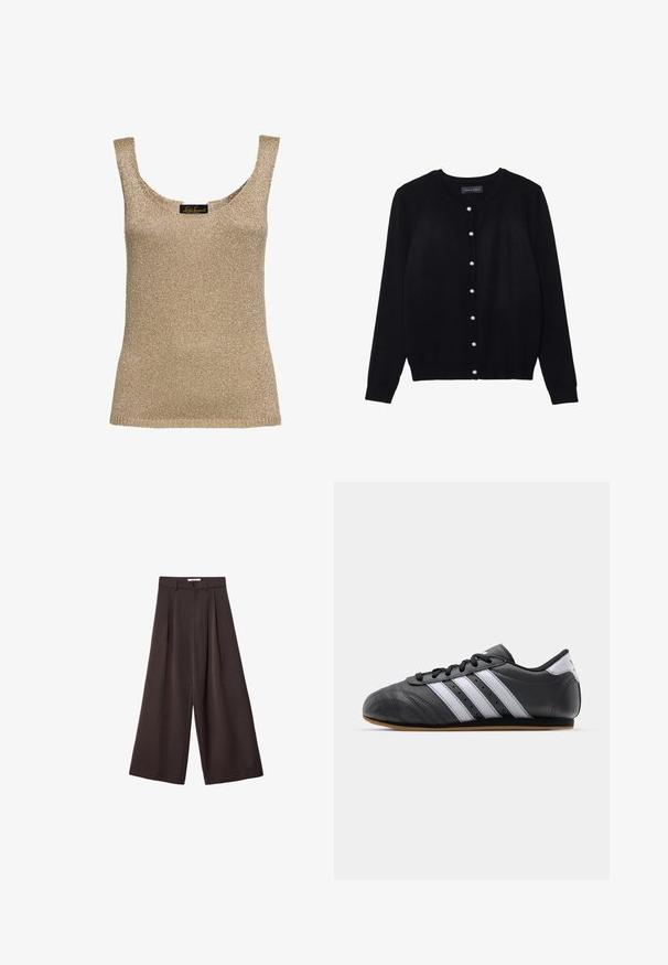 Schwarze Strickjacke aus leichtem Stoff, mit Rundhalsausschnitt, langen Ärmeln und acht weißen Perlenknöpfen entlang der Vorderseite.; Goldener, ärmelloser Strickoberteil mit rundem Ausschnitt. Hergestellt aus einem glänzenden, strukturierten Stoff. Verfügt über breite Träger und eine enganliegende Silhouette.; Schwarze, weit geschnittene Hose mit hoher Taille, ausgestattet mit vorderen Falten und einem Knopfverschluss an der Taille, aus glattem Stoff gefertigt.; Schwarzer Sportschuh aus Leder mit weißen Streifen, runder Spitze, flacher Sohle und Schnürverschluss. Besitzt Perforationen für Atmungsaktivität.