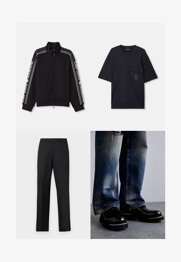 Veste noire zippée avec col haut, présentant des rayures beiges et le texte "Emporio Armani" le long des manches. Tissu doux, deux poches latérales.; T-shirt noir à manches courtes et col rond avec une poche à rabat sur la gauche de la poitrine, arborant un petit écusson rectangulaire.; Pantalon noir à jambes droites en tissu lisse. Comprend une ceinture standard et aucun motif ou accent visible.; Chaussures en cuir noir avec une finition brillante, présentant une semelle épaisse et une rayure blanche. Portées avec un pantalon en denim bleu déchiré montrant un léger décoloration.