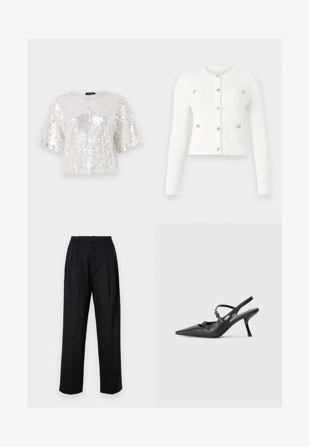 Bílý žebrovaný kardigan s dlouhými rukávy, kulatým výstřihem, šesti zlatými knoflíky a dvěma předními kapsami s klopami.; Krátký top s krátkým rukávem vyrobený z flitrované tkaniny v bílé a stříbrné barvě, s kulatým výstřihem a žebrovaným lemem.; Pletený bílý top s krátkým rukávem a jemným vzorem, s kulatým výstřihem a zlatým akcentem na lemu. Textura vypadá lehce a prodyšně.; Černé kalhoty s přizpůsobeným designem, vysokým pasem, sklady a rovnými nohavicemi. Vyrobené z hladké látky s jednou barvou.; Černé kožené lodičky na boku s špičatou špičkou, štíhlým podpatkem a dekorativní přezkou na nártu. Hladká textura a elegantní design.