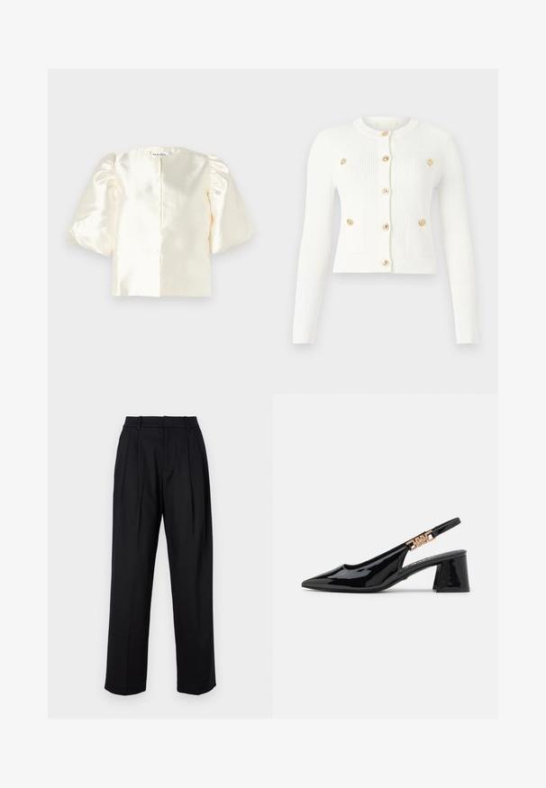Cardigan bianco a costine con maniche lunghe, scollatura rotonda, sei bottoni dorati e due tasche frontali con dettagli a patta.; Blusa in satin avorio con maniche a sbuffo, dotata di scollatura rotonda e chiusura dritta sul retro. Texture liscia con design minimalista.; Pantaloni neri con design sartoriale, caratterizzati da vita alta, pieghe e gamba dritta. Realizzati in un tessuto liscio di un colore uniforme.; Décolleté in vernice nera con punta affusolata e dettagli in metallo dorato sulla cinghia, caratterizzate da un tacco a blocco. Texture liscia.