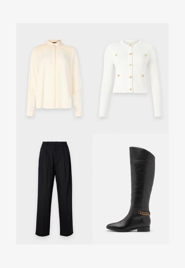 Biely žebrovaný kardigán s dlhými rukávmi, okrúhlym výstrihom, šiestimi zlatými gombíkmi a dvomi prednými vreckami s detailmi na klapke.; Krémová košeľa s dlhým rukávom vyrobená z hladkého materiálu s mandarinovými golierom, so jemným plisovaním na pleciach a predným zapínaním na gombíky.; Pletený biely krátky rukáv top s jemným vzorom, vybavený okrúhlym výstrihom a zlatým akcentom na okraji. Textúra vyzerá ľahučko a priedušne.; Čierne nohavice s presne tvarovaným strihom, s vysokým pásom, skladačkami a rovným strihom nohavíc. Vyrobené z hladkej látky v jednej farbe.; Vysoké čierne kožené čižmy so štíhlym dizajnom, špicatou špičkou a zlatým reťazovým akcentom na členku. Nízky blokový podpätok. Hladká textúra.