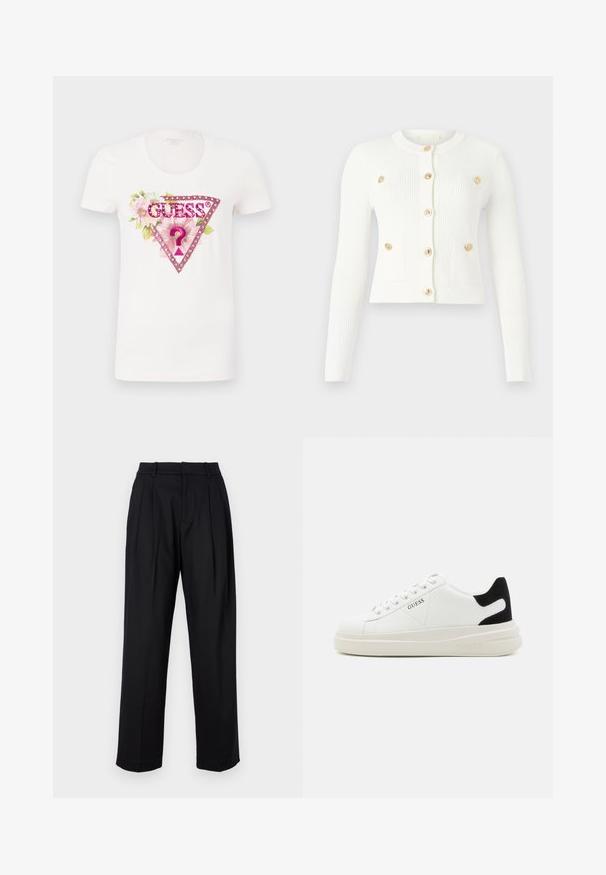 Weißer gerippter Cardigan mit langen Ärmeln, runder Halslinie, sechs goldenen Knöpfen und zwei vorderen Taschen mit Klappendetails.; Weißes Baumwoll-T-Shirt mit einem bunten floralem Grafikdesign, einem pinken dreieckigen Logo und dem Wort "GUESS®" in fetten Buchstaben.; Schwarze Hose mit maßgeschneidertem Design, featuring eine hohe Taille, Falten und geraden Beinen. Hergestellt aus glattem Stoff in einfarbiger Ausführung.; Weiße Leder-Sneaker mit einer dicken weißen Sohle, schwarzem Wildlederakzent an der Ferse und geprägtem Logo an der Seite. Schnürdesign mit sechs Ösen.