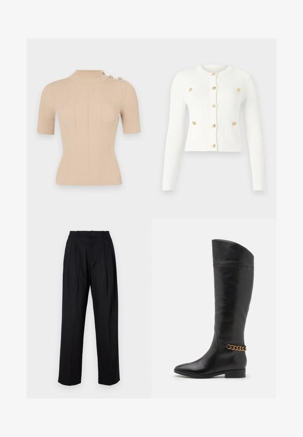 Balta ribota kardigāna veste ar garām piedurknēm, apaļu apkakli, sešām zelta pogām un diviem priekšējiem kabatām ar atloku detaļām.; Bežs ribots adījuma tops ar augstu apkakli, īsām piedurknēm un trim dekoratīvām pogām uz pleca. Vieglas, pieguļošas formas.; Melni bikses ar izsmalcinātu dizainu, kurām ir augsta josta, izgriezumi un taisnas kājas griezums. Izgatavotas no gludas auduma vienkrāsainā dizainā.; Augstas melnas ādas zābaki ar plūstošu dizainu, pointētām purngalēm un zelta ķēdes akcentu ap potīti. Zems bloku papēdis. Gluda tekstūra.