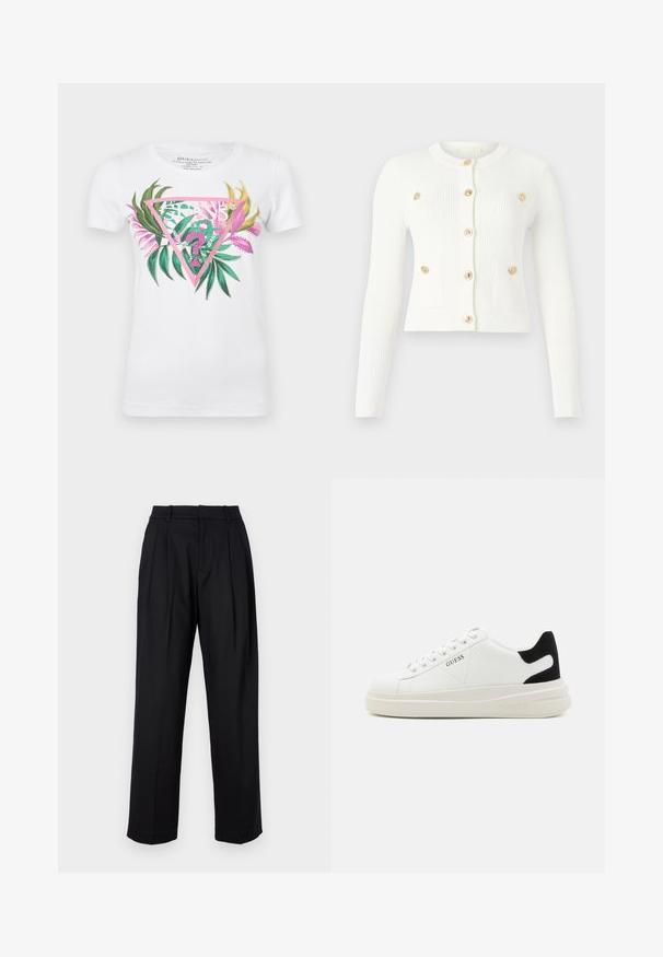 Bela rebrasta jopica z dolgimi rokavi, okroglo ovratnikom, šestimi zlatimi gumbi in dvema sprednjima žepoma s pokrovnimi detajli.; Bela bombažna majica s kratkimi rokavi, ki prikazuje pisan grafični dizajn s preprežno rožnato obliko, zelenimi listi in roza detajli. Ima kratke rokave in okroglo ovratnico.; Črne hlače z krojem po meri, ki se ponašajo z visokim pasom, plitvimi gubami in ravnim krojem. Narejene so iz gladkega blaga z enotno barvo.; Bele usnjene športne copate z debelim belim podplatom, črnimi semišnimi detajli na peti in utisnjenim logotipom na strani. Zavezovanje s šestimi luknjicami.