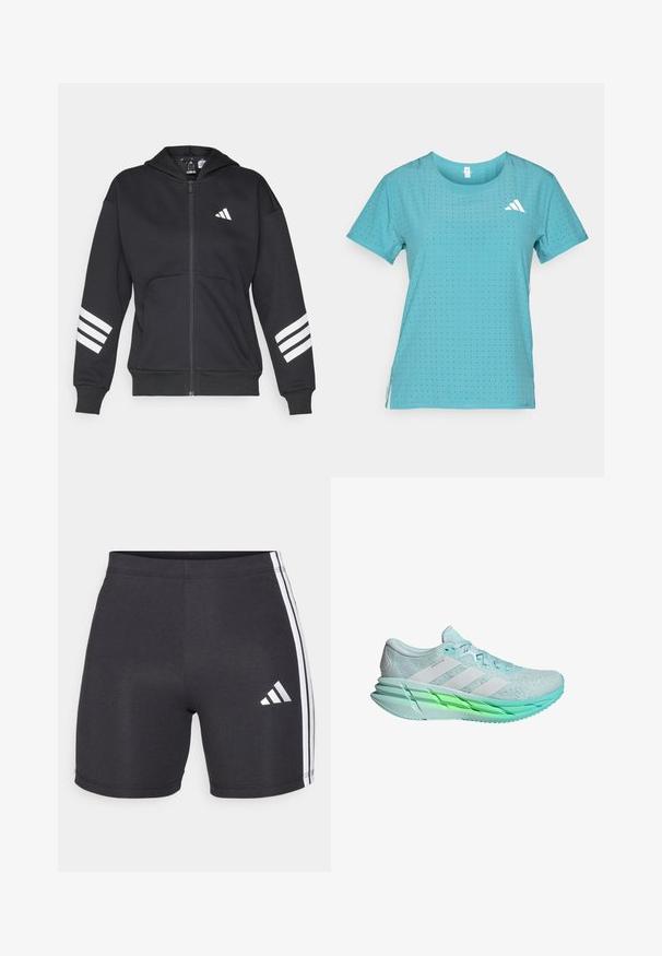 Fleece preto com fecho, feito de material de sweatshirt, apresentando um bolso frontal, capuz e três riscas brancas nas mangas. Logotipo da Adidas no peito.; T-shirt atlético turquesa com mangas curtas, apresentando uma textura perfurada e um logotipo branco da marca na parte superior esquerda.; Calções atléticos pretos feitos de tecido elástico, com riscas laterais brancas e um logótipo da Adidas na parte inferior da perna direita. Textura suave.; Sapatilha de corrida azul-claro com um cabedal de malha texturizada, três riscas brancas e uma sola com um tom verde. Apresenta um colarinho acolchoado e atacadores planos.
