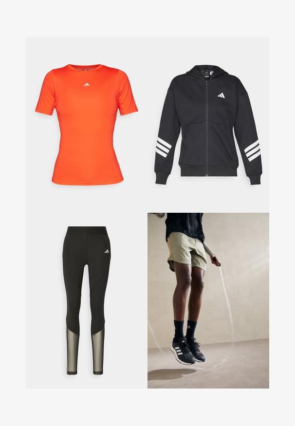 Mustassa vetoketjullisessa hupparissa on College-materiaali, etutasku, huppu ja kolme valkoista raitaa hihoissa. Adidas-logo rinnassa.; adidas Performance TECHFIT - Tekninen t-paita - bright red; Mustat urheilulegginsit, joissa on korkea vyötärö, verkko-osat alaraajoissa ja brodeerattu logo lantion kohdalla.; Mustat urheilukengät valkoisilla raidoilla, oliivinvihreät lyhyet housut ja tummansiniset sukat. Hyppynaru on henkilön käsissä. Neutraali tausta.