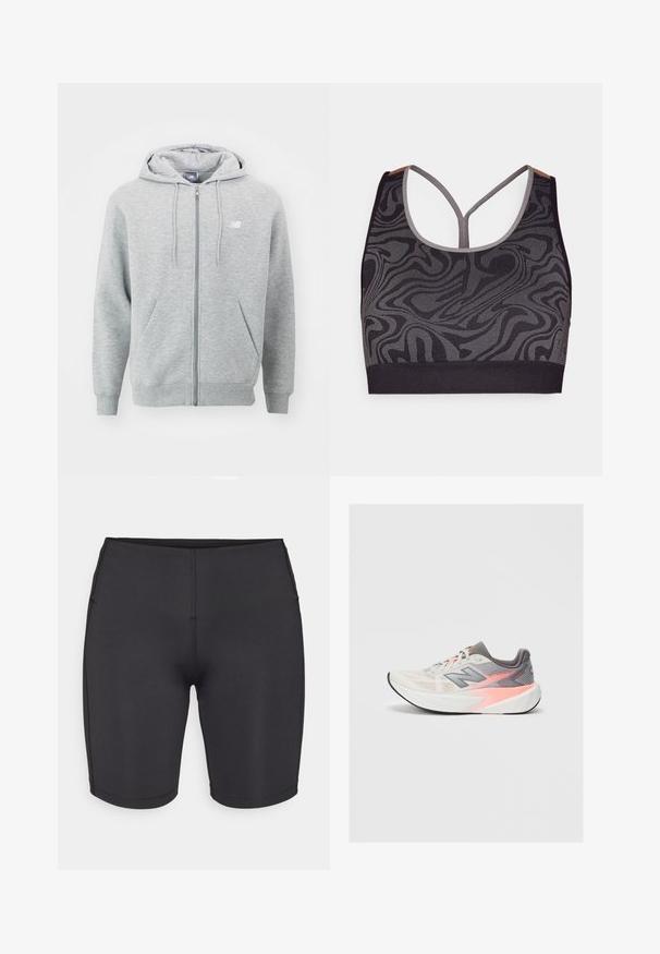 Haut à capuche zippé gris en tissu doux. Il comprend une fermeture éclair à l'avant, deux poches latérales et une capuche avec des cordons de serrage. Logo blanc sur la poitrine.; Soutien-gorge de sport noir avec un motif gris en spirale, présentant un décolleté plongeant et un design dos nageur. Fabriqué en tissu tricoté texturé.; Even&Odd active LOW RISE CYCLING SHORTS
- Leggings - black; Baskets de course New Balance grises claires et roses avec une épaisse semelle blanche et une semelle extérieure noire, vue de côté sur fond uni.