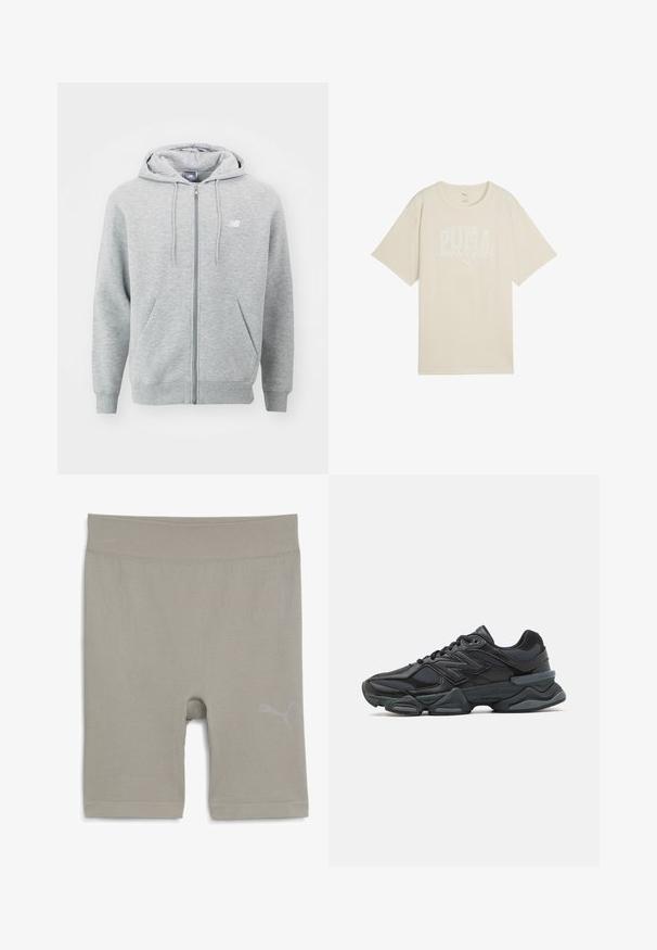 Sivý mikina na zips vyrobená z mäkkej tkaniny. Má predný zips, dve bočné vrecká a kapucňu s šnúrkami. Biele logo na hrudi.; Béžové bavlnené tričko s voľným strihom, so bielym grafickým dizajnom, ktorý hovorí "PUMA sports club" a malým logom nad ním.; Svetlošedé rebrované športové šortky so hladkou textúrou, s logom na dolnej pravej strane a dĺžkou do polovice stehna.; Čierna bežecká obuv so zmesou sieťoviny a syntetických materiálov, robustnou podrážkou, zakriveným dizajnom a výrazným logom na boku.