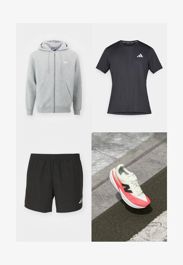 Grå dragkedjetröja tillverkad av mjukt material. Har en framdragkedja, två sidofickor och en huva med snörning. Vit logotyp på bröstet.; Svart atletisk t-shirt med korta ärmar och rund halsringning, tillverkad i lättviktsmaterial. Har en reflekterande Adidas-logotyp framtill.; Svarta träningsshorts med elastisk midja, sidoklyftor och reflekterande logotypdetaljer. Tillverkade av lätt och mjukt tyg.; Lättvikts löparskor med en krämfärgad överdel, rosa accenter och en svart logotyp. Har en strömlinjeformad form och texturerad sula för bra grepp.