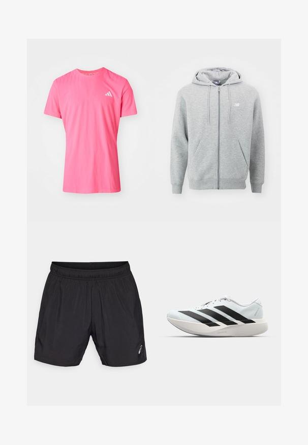 Sudadera gris con cremallera, hecha de tela suave. Cuenta con una cremallera frontal, dos bolsillos laterales y una capucha con cordones ajustables. Logo blanco en el pecho.; Camiseta de manga corta rosa con cuello redondo, hecha de material suave, que presenta una textura sutil y un pequeño logotipo blanco de Adidas en el pecho.; Pantalones cortos deportivos negros hechos de material ligero, con una cinturilla elástica y un pequeño logotipo en el lado inferior izquierdo.; Zapatillas de running ligeras en azul pálido con rayas negras. Presentan una parte superior suave, puntera redonda y una gruesa mediasuela blanca etiquetada como "LIGHTSTRIKE PRO".