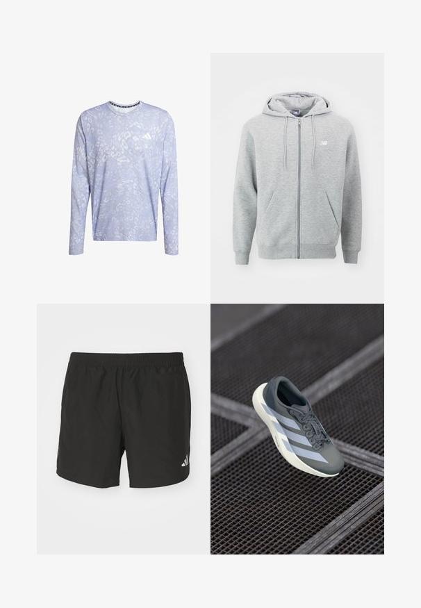 Šedá mikina na zip vyrobená z měkké tkaniny. Má přední zip, dvě boční kapsy a kapuci se stahovacími šňůrkami. Bílý logo na hrudi.; Dlouhý rukáv top v světle modré barvě s jemným vzorem zvířecího motivu. Obsahuje kulatý výstřih a značkový akcent na hrudi. Texturovaná tkanina.; Černé sportovní šortky s elastickým pasem, bočními rozparky a reflexními akcenty loga. Vyrobené z lehkého a hladkého materiálu.; Sportovní obuv v šedé a bílé barvě, vyrobená z syntetického materiálu, s aerodynamickým designem, texturovaným povrchem a výrazným systémem šněrování.