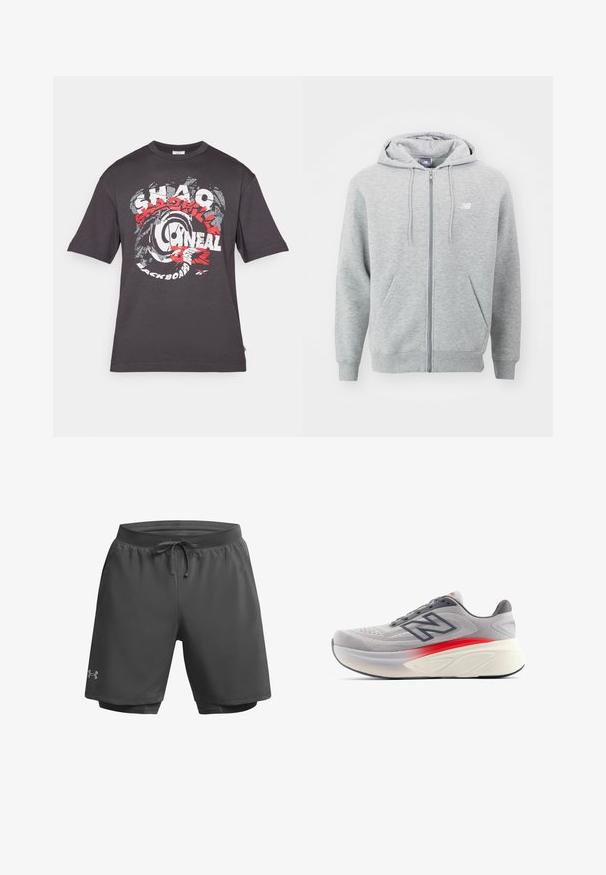 Sivý mikina na zips vyrobená z mäkkej tkaniny. Má predný zips, dve bočné vrecká a kapucňu s šnúrkami. Biele logo na hrudi.; Tmavošedé tričko vyrobené z bavlny, s veľkým grafickým dizajnom v červenej a bielej farbe, ktorý zahŕňa text a kruhový vzor. Krátke rukávy.; Tmavošedé športové šortky s elastickým pásom, nastaviteľnou šnúrkou a vnútornou sieťovinou; obsahujú jemné logo na ľavom stehne.; Svetlošedý atletický topánka s priedušným sieťovinovým zvrškom, kontrastnými červenými akcentmi, polstrovanou podrážkou a zaoblenou špičkou pre podporu.