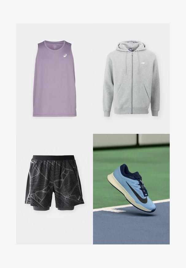 Szara bluza z kapturem zapinana na zamek, wykonana z miękkiego materiału. Posiada zamek z przodu, dwie boczne kieszenie i kaptur z troczkami. Białe logo na klatce piersiowej.; Fioletowa sportowa koszulka bez rękawów z okrągłym dekoltem. Posiada małe białe logo na piersi. Wykonana z lekkiego materiału.; Czarne spodenki sportowe z teksturowanym szarym wzorem, z elastycznym pasem i jasnoszarymi akcentami po bokach.; Jasnoniebieski but sportowy z granatowymi akcentami, teksturowana siateczka na cholewce oraz czarne logo Swoosh. Posiada amortyzującą podeszwę środkową i gumową podeszwę zewnętrzną.