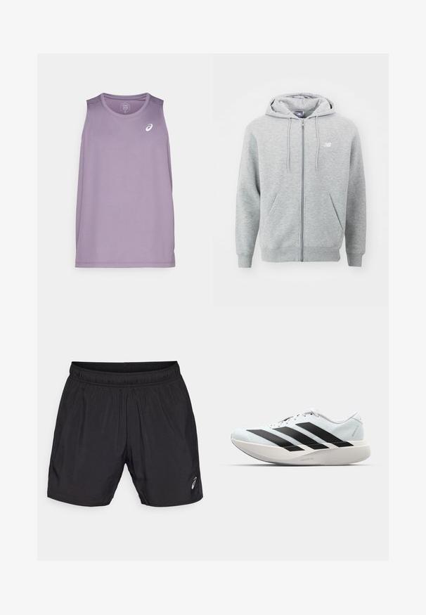 Sivý mikina na zips vyrobená z mäkkej tkaniny. Má predný zips, dve bočné vrecká a kapucňu s šnúrkami. Biele logo na hrudi.; Fialová športová tielko s okrúhlym výstrihom a bez rukávov. Má malé biele logo na hrudi. Vyrobené z ľahkého materiálu.; Čierne atletické šortky vyrobené z ľahkého materiálu, s elastickým pásom a malým logom na dolnej ľavej strane.; Ľahké bežecké topánky v svetlomodrej farbe s čiernymi pruhmi. Majú hladký zvršok, okrúle špičky a hrubú bielu medzipodrážku označenú "LIGHTSTRIKE PRO."