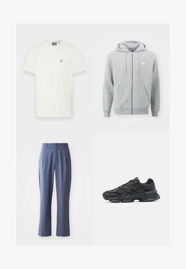 Hallide hall ees pehme kangast. Omab esimest lukku, kahte küljetaskut ja kapuutsiga, millel on nöörid. Rinnal on valge logo.; Valge puuvillane T-särk, millel on vasakul rinnal tasku ja väike kollane liblikas logo. Lühikesed varrukad ja klassikaline ümar kaelus.; Tumedad sinised püksid voldikutega, sirge lõikega, valmistatud kerge kangaga, esise sulgemisega ühel nööbil ja taljeaasadega.; Mustad mustus jooksukeng, mis sisaldab segu võrgust ja sünteetilisest materjalist, jäme talla, kaarduv disain ja silmapaistev bränding külgedel.