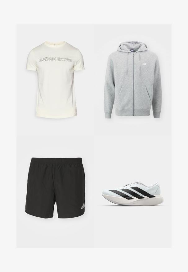 Grå zip-up hoodie lavet af blødt stof. Har en frontlynlås, to sidelommer og en hætte med snore. Hvidt logo på brystet.; Cremefarvet bomulds t-shirt med korte ærmer, prydet med fed sort tekst "BJÖRN BORG" tværs over brystet i en rundet skrifttype.; Sorte atletiske shorts med elastisk talje, sideskår og reflekslogo detajler. Fremstillet af letvægts, glat stof.; Letvægtige løbesko i lys blå med sorte striber. Har en glat overdel, rund tå og tyk hvid mellemsål mærket "LIGHTSTRIKE PRO."