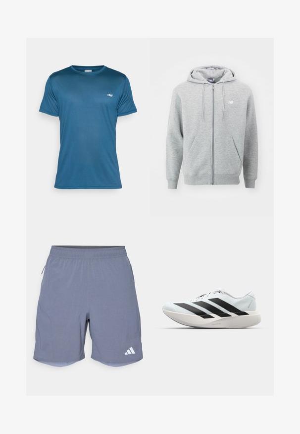 Pelēks jaku-hoodie ar rāvējslēdzēju, izgatavots no mīksta auduma. Iespējas: priekšējais rāvējslēdzējs, divas sānu kabatas un kapuce ar auklām. Baltā logo uz krūtīm.; Zils, īsu piedurču sporta krekls ar teksturētu audumu un apaļu kakla izgriezumu; tiek piedāvāts ar mazu logotipu kreisajā augšējā stūrī.; adidas Performance Sporta šorti - onix; Gaiši zili vieglie skriešanas apavi ar melniem svītrainiem. Iezīmēti ar gludu augšpusi, apaļu purngalu un biezāko balto vidējo zoli, kurā ir uzraksts "LIGHTSTRIKE PRO."