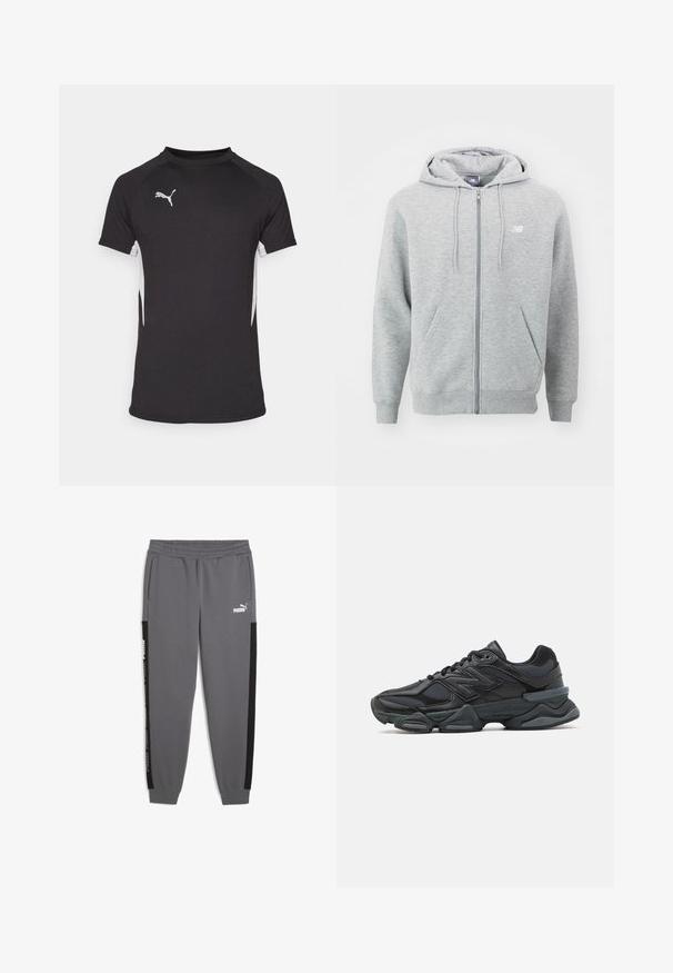 Gray zip-up hoodie made from soft fabric. Features a front zipper, two side pockets, and a hood with drawstrings. White logo on the chest.; Black short-sleeve athletic shirt featuring white side accents and a silver logo. Made of lightweight, smooth fabric with a crew neck design.; Gray sweatpants made of soft fabric, featuring black side stripes, elastic waistband, and Puma logo in white on the front.; Black running shoe featuring a mix of mesh and synthetic materials, chunky sole, curved design, and prominent branding on the side.