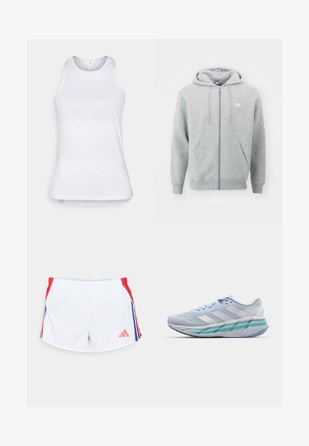 Haut à capuche zippé gris en tissu doux. Il comprend une fermeture éclair à l'avant, deux poches latérales et une capuche avec des cordons de serrage. Logo blanc sur la poitrine.; T-shirt de sport sans manches blanc en tissu en maille, avec un motif en losange texturé sur toute la surface et un col rond.; Shorts de sport blancs avec des panneaux latéraux rouges ornés de rayures bleues. Taille élastique et logo en bas à gauche. Texture de tissu lisse.; Baskets de sport bleu clair avec un dessus en tricot texturé, des accents blancs et une semelle intermédiaire transparente verte. Bout arrondi et col rembourré.