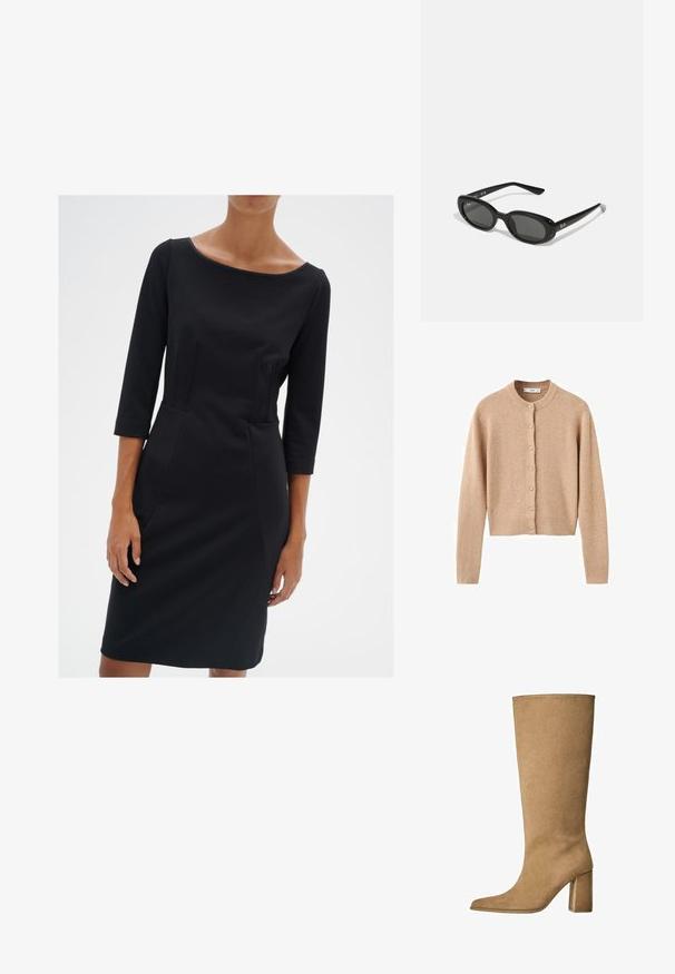 Bežna volnena jopica s okroglim izrezom, dolgimi rokavi in gumbi spredaj. Ima rebraste manšete in rob, ter mehak, teksturiran zaključek.; Črna oprijeta obleka s krožnim izrezom, rokavi do tri četrtine in podrobnostmi šivov. Narejena iz gladkega blaga z mehko teksturo.; Tanki suede škornji do kolen v bež barvi z blok peto, z ošiljenim nosom in gladko teksturo. Minimalističen dizajn brez okraskov.; Črne sončne očala z ovalnimi lečami, sijajnim plastičnim okvirjem in tankimi ročaji. Na strani se nahaja belo logotip Ray-Ban.; Črna usnjena torbica z zlatim okovjem, ki se ponaša s prepoznavnim zapiralom, odstranljivim ramenskim trakom in teksturirano površino.