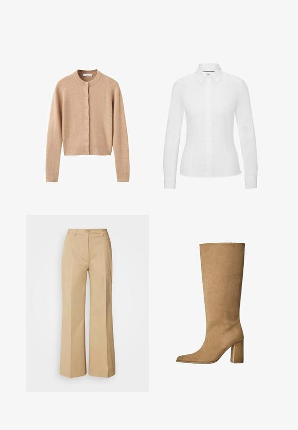 Beige uld cardigan med rund halsudskæring, lange ærmer og knaplukning. Har ribbede manchetter og kant, med en blød, tekstureret finish.; Hvid langærmet skjorte lavet af glat bomuld, med en klassisk spids krave, frontlukning med knapper og skræddersyet pasform med sideslidser.; Beige vide ben bukser lavet af en bomuldsblanding. Har en knaplukning, forreste sømdetaljer og en ren nederdel med let tekstur.; Tan ruskinds knæhøje støvler med blokhæle, der har en spids tå og en glat overflade. Minimalistisk design uden udsmykninger.