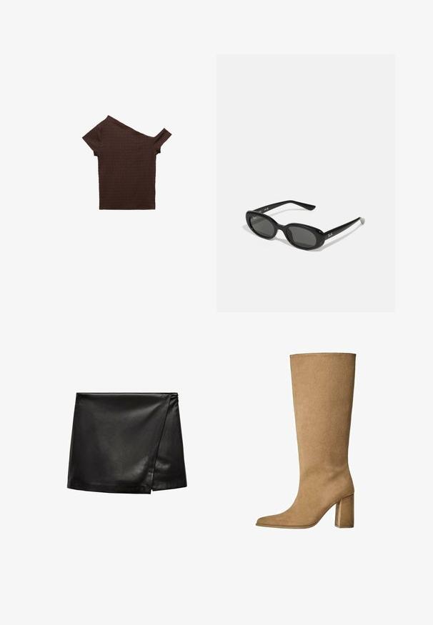 Beige wool cardigan with a round neckline, long sleeves, and a button front. Features ribbed cuffs and hem, with a soft, textured finish.; Brown textured top with short sleeves and an asymmetrical neckline, made from a soft material, featuring a subtle wrinkled design.; Black leather mini skirt with a wrap design, featuring a smooth texture and minimalistic style. No visible hardware or patterns.; Tan suede knee-high boot with a block heel, featuring a pointed toe and smooth texture. Minimalistic design with no embellishments.; Black sunglasses with oval lenses, glossy plastic frame, and slender arms. Features Ray-Ban logo in white on the side.; Black leather handbag with a gold hardware accent, featuring a signature clasp, a detachable shoulder strap, and textured surface.