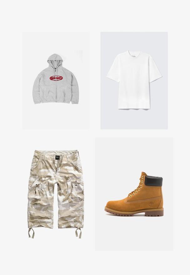 Grå zip-up hoodie med en röd broderad logotyp på framsidan, med en dragsko på huvan och två framfickor. Mjuk bomullsblandning.; En enkel vit kortärmad t-shirt med avslappnad passform liggande platt på en ljusgrå bakgrund.; Beige camouflage cargoshorts med flera fickor, knappstängning och dragsnören vid nederkanten, tillverkade av lätt, slitstark tyg.; Tan mockasins ankelstövlar med svart vadderad krage, guldmetallöglor, vit sömdekor och slitstöt gummisula med utmärkta mönster.