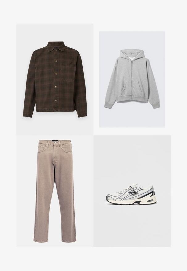 Grå lynlås hoodie lavet af blødt stof, med hætte, ribbede manchetter og frontlommer med en afslappet pasform. Mærke: WEEKDAY.; Brunternet jakke med knaplukning foran, krave og enkelt brystlomme. Fremstillet af tekstureret stof med metalliske knapper.; Redefined Rebel HAMILTON LOOSE FIT - Loose-jeans - vintage khaki; Hvid og grå atletisk sneakers med sort "N" logo, mesh-overdel, polstret sål og snørebåndsdesign, vist på en ensfarvet lys grå baggrund.