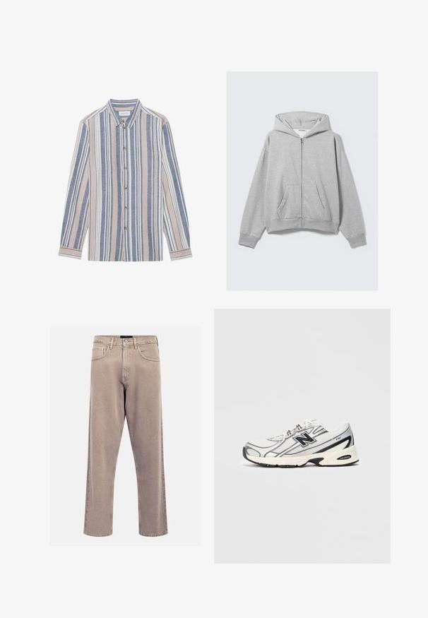 Grå lynlås hoodie lavet af blødt stof, med hætte, ribbede manchetter og frontlommer med en afslappet pasform. Mærke: WEEKDAY.; Skjorte med lange ærmer, der lukkes med knapper, og som har lodrette striber i blå, beige og hvid. Fremstillet af et tekstureret stof, med krave og metalknapper.; Beige lige jeans lavet af denim, med et klassisk fem-lomme design, stikninger og en ren kant.; Hvid og grå atletisk sneakers med sort "N" logo, mesh-overdel, polstret sål og snørebåndsdesign, vist på en ensfarvet lys grå baggrund.