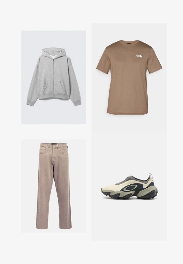 Šedá mikina na zip z měkké látky, s kapucí, ribovanými manžetami a předními kapsami, s uvolněným střihem. Nálepka: WEEKDAY.; Hnědé tričko s krátkým rukávem vyrobené z bavlny s žebrovaným kulatým výstřihem. Na levé části hrudi je umístěno malé bílé logo.; Beige džíny rovného střihu vyrobené z denimu, s klasickým designem pěti kapes, prošitými akcenty a čistým zakončením nohavic.; Oakley EDGE ICON - Golfová obuv (bez spiku) - cream/navy