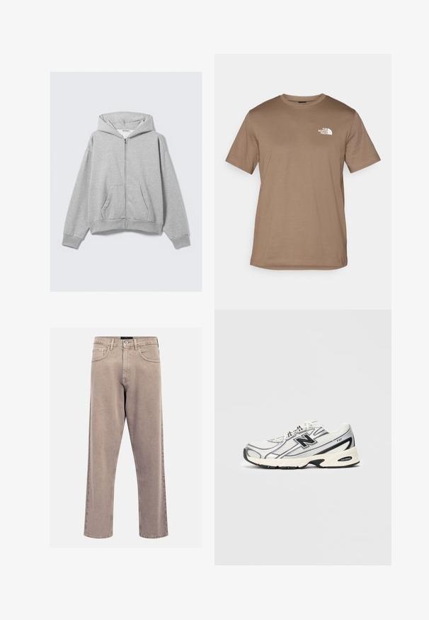Harmaa zip-up huppari pehmeästä kankaasta, jossa on huppu, ribbikujat ja etutaskut rentoa mallia. Merkki: WEEKDAY.; Ruskea lyhythihainen T-paita, joka on valmistettu puuvillasta ja jossa on ribbireunallinen pyöreä kaula-aukko. Sisältää pienen valkoisen logon vasemmassa rintakappaleessa.; Vaaleat suorat farkut, jotka on valmistettu denimistä ja joissa on klassinen viiden taskun muotoilu, ommeltuja yksityiskohtia ja siisti helma.; Valkoiset ja harmaat urheilukengät mustalla "N"-logolla, verkkomateriaali yläosassa, pehmustettu pohja ja nauhakiinnitys, esitelty vaaleanharmaalla taustalla.