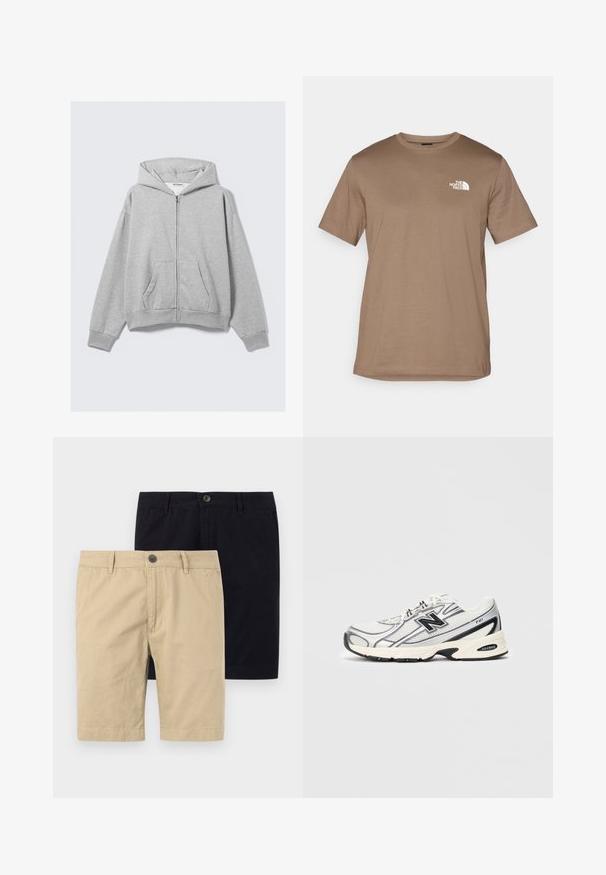 Sivi zip-up dukserica izrađena od mekanog materijala, s kapuljačom, rebrastim rukavima i prednjim džepovima, opuštenog kroja. Oznaka: WEEKDAY.; Smeđa kratka majica s kratkim rukavima od pamuka s rebrastim ovratnikom. Ima mali bijeli logo na lijevoj strani prsnog područja.; Dva para hlača, jedan khaki i jedan crni, izrađeni od pamuka. Oba imaju dugme, ravni prednji dio i dizajn do koljena.; Bijeli i sivi atletski tenisice s crnim "N" LOGO-om, mrežasta gornjište, podloga s amortizacijom i dizajn s čipkastom vezom, prikazano na jednostavnom svijetlosivom pozadini.
