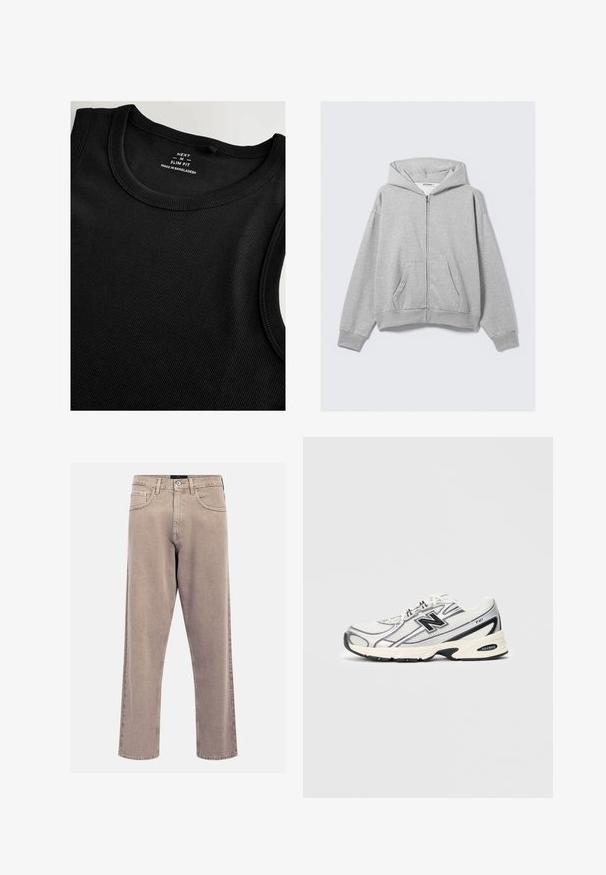 Grauer Reißverschluss-Hoodie aus weichem Stoff, mit Kapuze, gerippten Bündchen und Fronttaschen in lässiger Passform. Etikett: WEEKDAY.; Schwarzes Trägershirt aus geripptem Stoff mit Slim-Fit-Schnitt. Verfügt über einen runden Halsausschnitt und flache Nähte für eine glatte Verarbeitung.; Beige gerade geschnittene Jeans aus Denim, mit einem klassischen Fünf-Taschen-Design, genähten Akzenten und einem sauberen Saumfinish.; Weißer und grauer Sportschuh mit schwarzem "N"-Logo, Obermaterial aus Mesh, gepolsterter Sohle und Schnürdesign, auf einem einfachen hellgrauen Hintergrund abgebildet.
