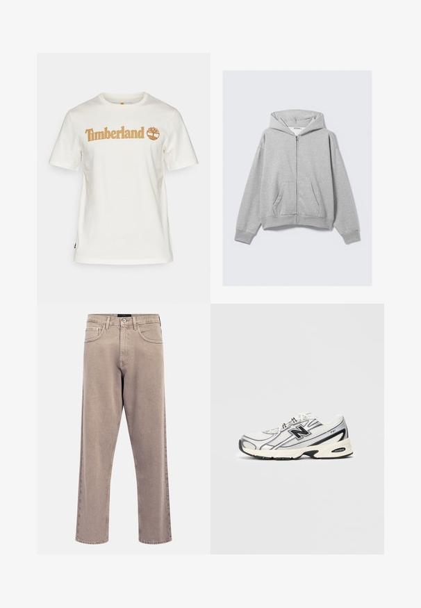 Pilkas užtrauktukas džemperis, pagamintas iš minkštos medžiagos, su gobtuvu, raukšlėtais rankogaliais ir priekinėmis kišenėmis, laisvo kirpimo. Etiketė: WEEKDAY.; Balta medvilninė marškinėliai trumpomis rankovėmis ir apvaliu kaklu. Ant jų pavaizduotas "Timberland" logotipas šviesiai rudos spalvos su medžio grafika.; Šviesiai smėlio spalvos tiesios kojų džinsai su šiek tiek išblukusia tekstūra, penkių kišenių dizainu ir metaliniu mygtuko užsegimu. Išryškinti siuvimo detalės.; Baltos ir pilkos sportinės kedėlės su juodu "N" logotipu, tinklinis viršus, minkštas padais ir lace-up dizainas, rodomos ant paprasto šviesiai pilko fono.