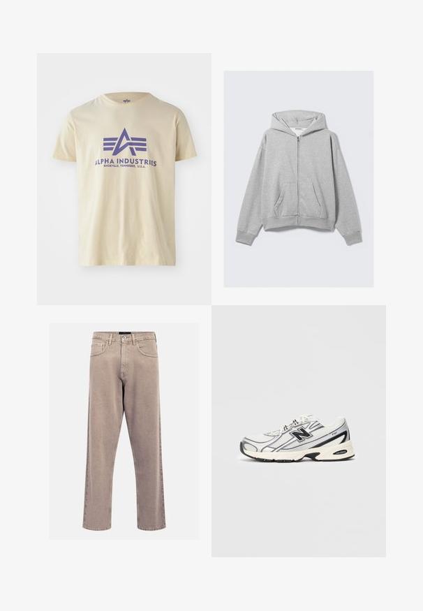 Pelēks zip-pulovers, izgatavots no mīksta auduma, ar kapuci, ribotas aproces un priekšējām kabatām, ar brīvu piegriezumu. Marķējums: WEEKDAY.; Beige kokvilnas T-kreklu ar apaļu apkakli, kuram ir purpursarkans grafiskais logo un teksts "ALPHA INDUSTRIES, KNOXVILLE, TENNESSEE, U.S.A."; Bežīgas taisnas kājas džinsi, izgatavoti no denima, ar klasisku piecu kabatu dizainu, šūtām akcentiem un tīru apakšmalu apdari.; Baltā un pelēkā sporta apavu ar melno "N" logo, mitrumizturīgs augšējais slānis, mīksts zolē un saistīšanas dizains, attēlots uz vienkārša gaiši pelēka fona.