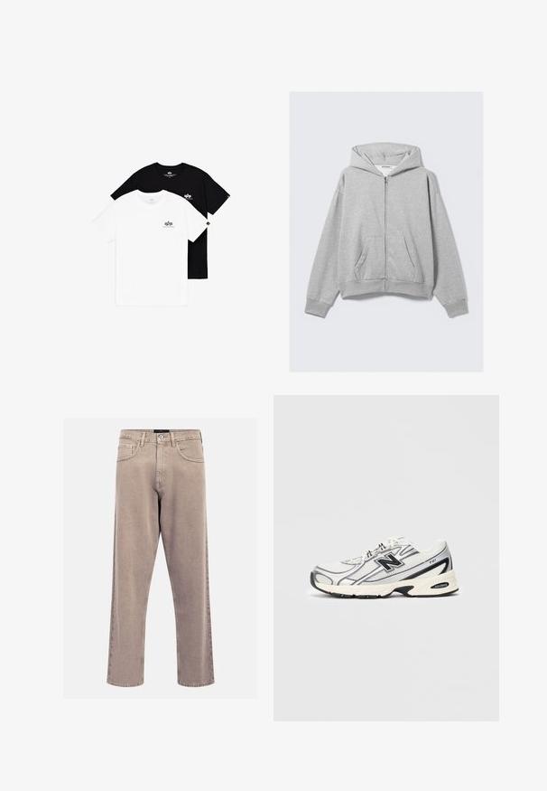 Pelēks zip-pulovers, izgatavots no mīksta auduma, ar kapuci, ribotas aproces un priekšējām kabatām, ar brīvu piegriezumu. Marķējums: WEEKDAY.; Divi apģērbi ar apaļām kakla izgriezumiem: viens balts un viens melns. Abiem ir nelieli logo akcenti kreisajā krūtīs. Izgatavoti no mīkstas kokvilnas auduma.; Bežīgas taisnas kājas džinsi, izgatavoti no denima, ar klasisku piecu kabatu dizainu, šūtām akcentiem un tīru apakšmalu apdari.; Baltā un pelēkā sporta apavu ar melno "N" logo, mitrumizturīgs augšējais slānis, mīksts zolē un saistīšanas dizains, attēlots uz vienkārša gaiši pelēka fona.