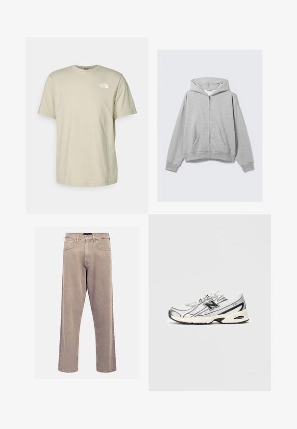 Pilkas užtrauktukas džemperis, pagamintas iš minkštos medžiagos, su gobtuvu, raukšlėtais rankogaliais ir priekinėmis kišenėmis, laisvo kirpimo. Etiketė: WEEKDAY.; Trumpas rankovėmis, apvaliu kaklu marškinėliai šviesiai smėlio spalvos medvilnės, su nedideliu baltu logotipu kairėje krūtinės pusėje. Lygus paviršius ir laisvas kirpimas.; Bežinės tiesių kojų džinsai, pagaminti iš džinsinio audinio, su klasikinio penkių kišenių dizainu, siuvinėjimo akcentais ir tvarkingai apdirptu kraštu.; Baltos ir pilkos sportinės kedėlės su juodu "N" logotipu, tinklinis viršus, minkštas padais ir lace-up dizainas, rodomos ant paprasto šviesiai pilko fono.