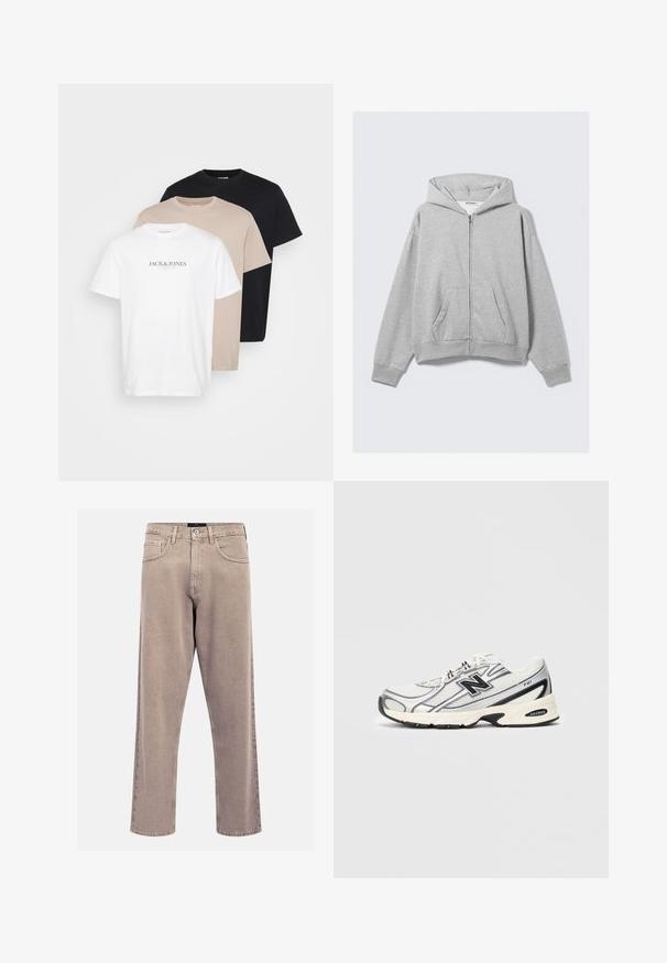 Hanorac gri cu fermoar, fabricat din material moale, având glugă, manșete cu rebrare și buzunare frontale, cu o croială relaxată. Etichetă: WEEKDAY.; Trei tricouri stivuite: alb cu logo, bej și negru. Fabricate din bumbac, cu guler rotund, mâneci scurte și o croială clasică.; Jeans bej cu croi drept, fabricate din denim, având un design clasic cu cinci buzunare, accente cusute și o finisare curată a tivului.; Adidașuri atletice albe și gri cu logo-ul negru "N", partea superioară din plasă, talpă amortizată și design cu șireturi, prezentate pe un fundal simplu de gri deschis.